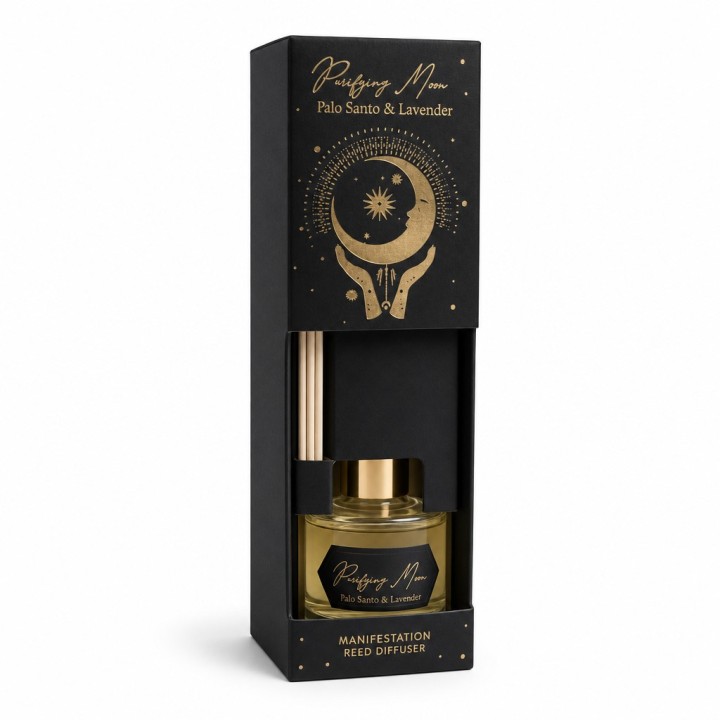 50 ml. Esoteric Reed Diffuser with 4 Sticks in Round Glass Jar in Lock Box ESRD50 Palo Santo & Lavender (Purifying Moon) - zdjęc