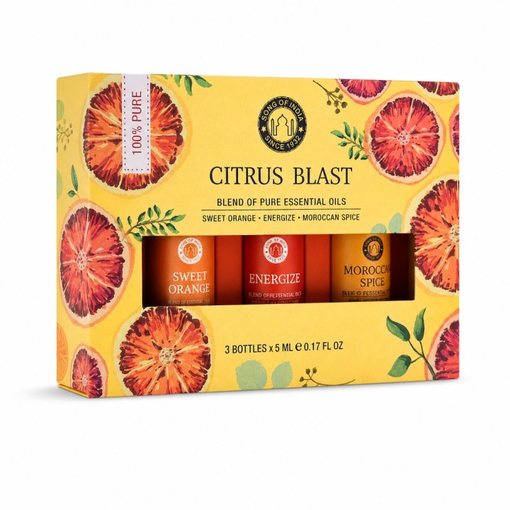 3 Aromatherapy 5 ml. Essential Oil Amber Bottles (Set of 3) in AREO05GB Hardbound Magnetic Gift Box Citrus Blast - zdjęcie produ