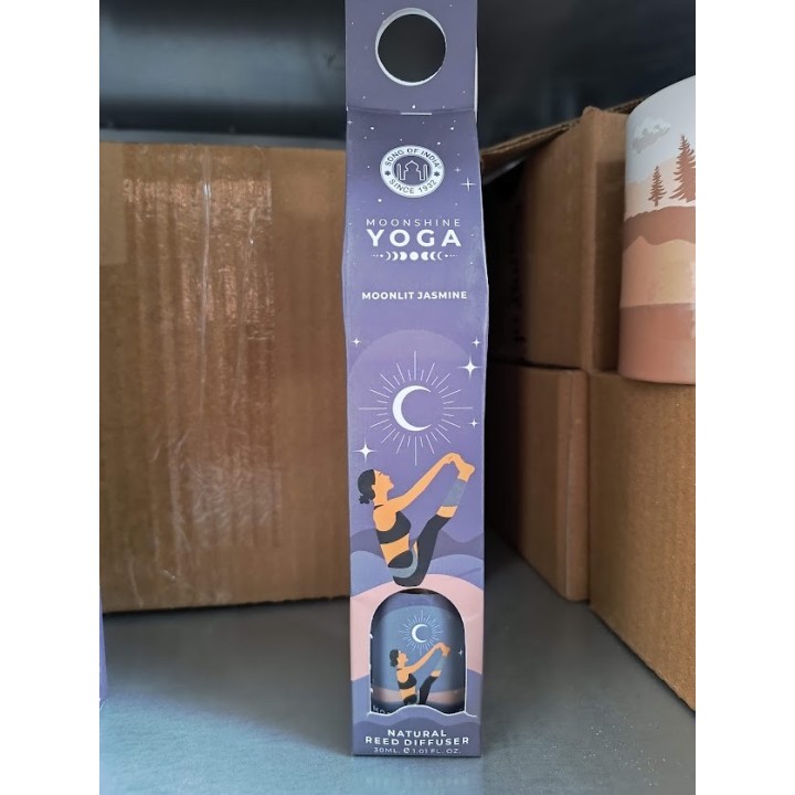 30 ml. Moonshine Yoga Reed Diffuser in Round Glass Jar with 4 Reed Sticks in Hanging Cardboard Pack MYRD30 Moonlit Jasmine