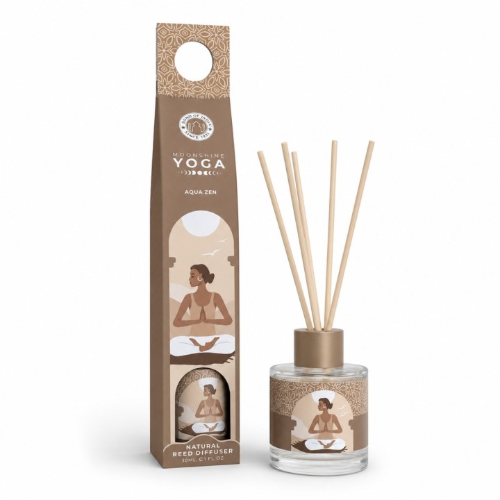 30 ml. Moonshine Yoga Reed Diffuser in Round Glass Jar with 4 Reed Sticks in Hanging Cardboard Pack MYRD30 Aqua Zen - zdjęcie pr