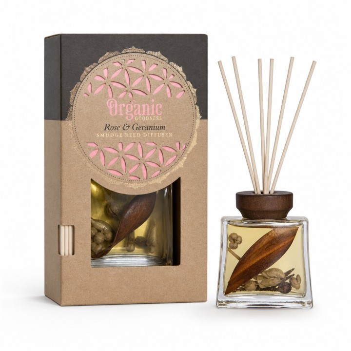 150 ml. Organic Goodness Smudge Reed Diffuser in Flat Bottle ORSRD150 Rose & Geranium - zdjęcie produktu