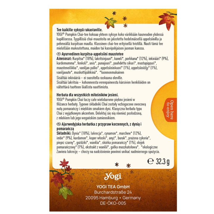 Herbata BIO PUMPKIN CHAI Czaj z dynią BIO YOGI TEA 17 torebek x 1,9 g - zdjęcie produktu