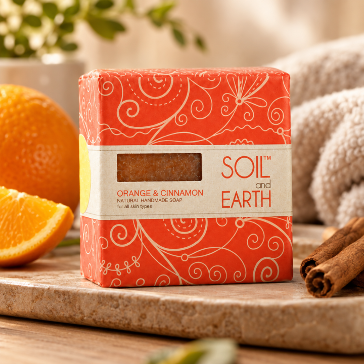 Ręcznie robione w Indiach mydło POMARAŃCZA z CYNAMONEM 100% VEGAN 125g Soil & Earth Soczyste Odświeżenie - zdjęcie produktu