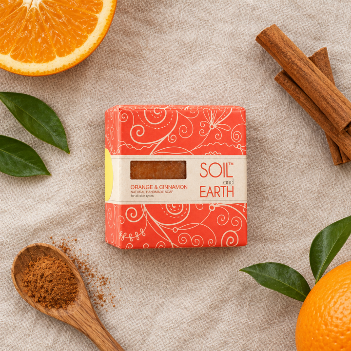Ręcznie robione w Indiach mydło POMARAŃCZA z CYNAMONEM 100% VEGAN 125g Soil & Earth Soczyste Odświeżenie - zdjęcie produktu