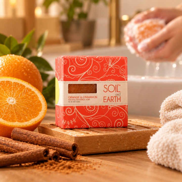 Ręcznie robione w Indiach mydło POMARAŃCZA z CYNAMONEM 100% VEGAN 125g Soil & Earth Soczyste Odświeżenie - zdjęcie produktu