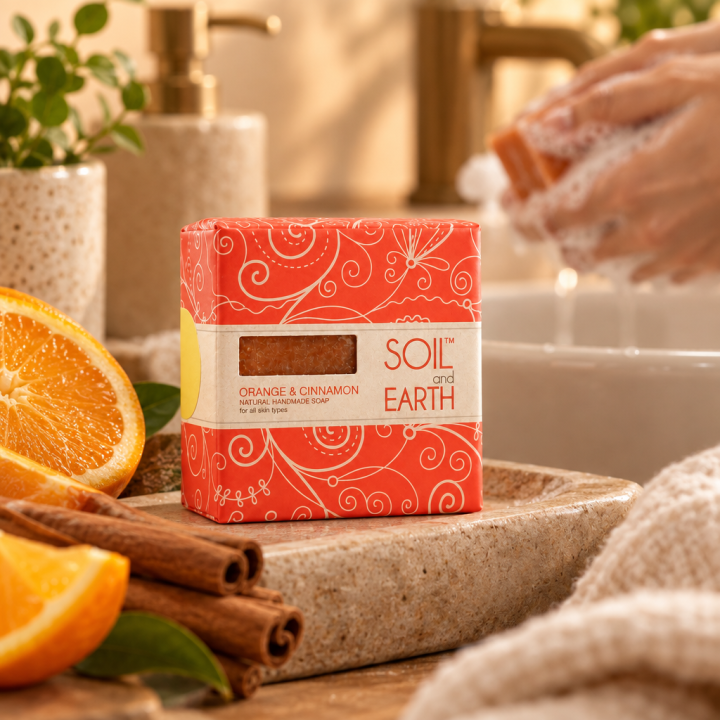 Ręcznie robione w Indiach mydło POMARAŃCZA z CYNAMONEM 100% VEGAN 125g Soil & Earth Soczyste Odświeżenie - zdjęcie produktu
