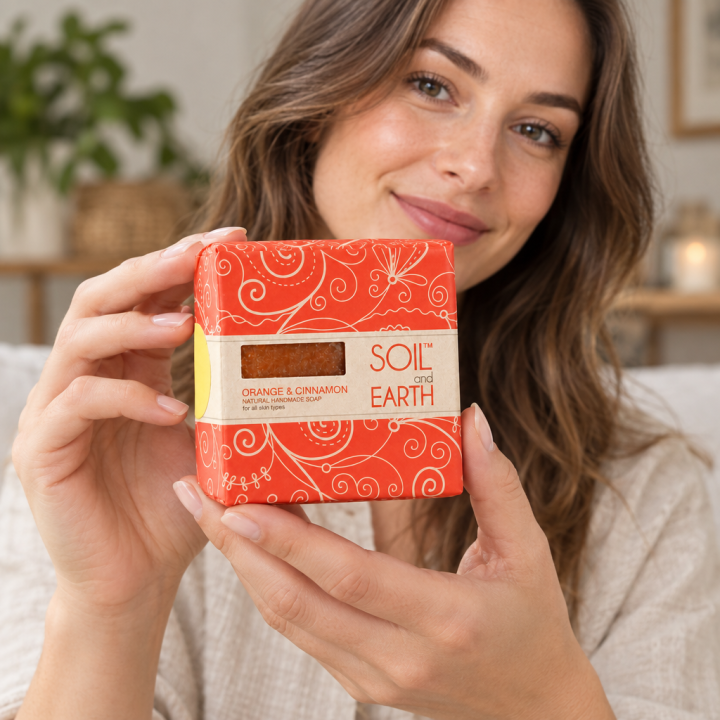 Ręcznie robione w Indiach mydło POMARAŃCZA z CYNAMONEM 100% VEGAN 125g Soil & Earth Soczyste Odświeżenie - zdjęcie produktu