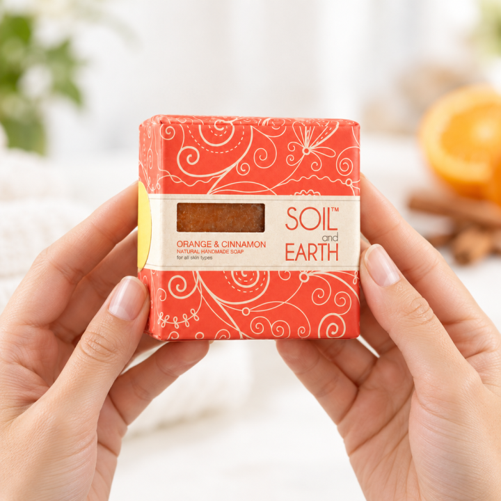 Ręcznie robione w Indiach mydło POMARAŃCZA z CYNAMONEM 100% VEGAN 125g Soil & Earth Soczyste Odświeżenie - zdjęcie produktu