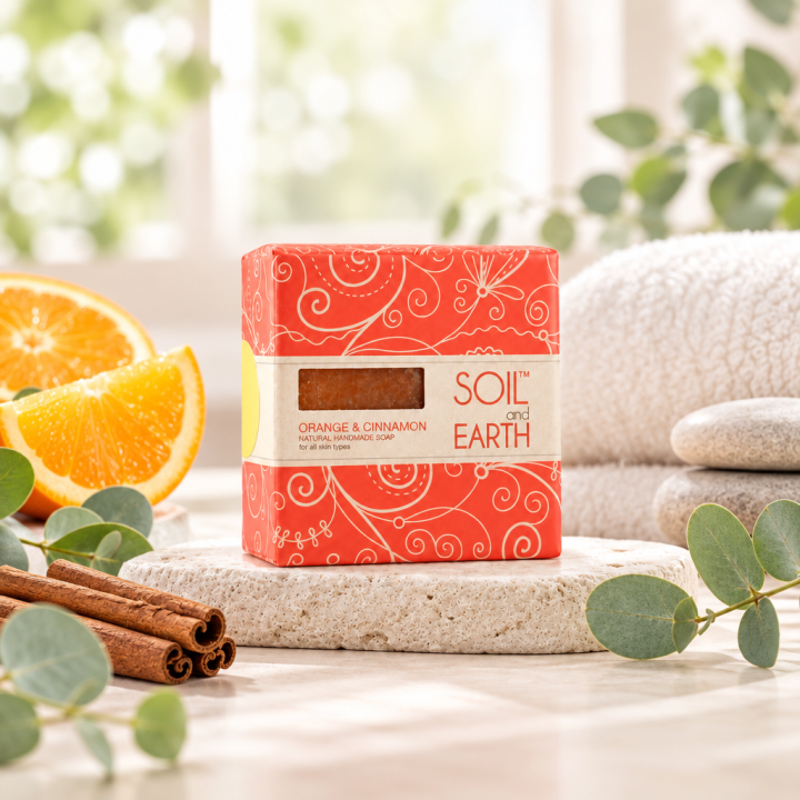 Ręcznie robione w Indiach mydło POMARAŃCZA z CYNAMONEM 100% VEGAN 125g Soil & Earth Soczyste Odświeżenie - zdjęcie produktu