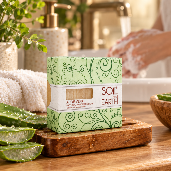 Ręcznie robione w Indiach mydło - ALOE VERA - 100% VEGAN. 125g. Soil & Earth - zdjęcie produktu
