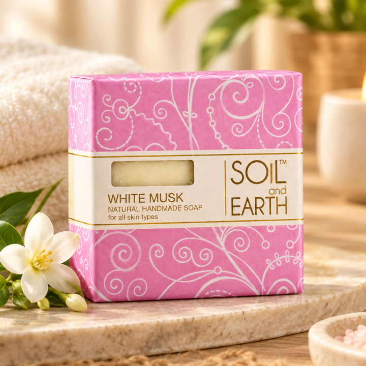 Ręcznie robione w Indiach mydło 100% VEGAN Białe Piżmo (White Musk) 100g Soil&Earth - zdjęcie produktu