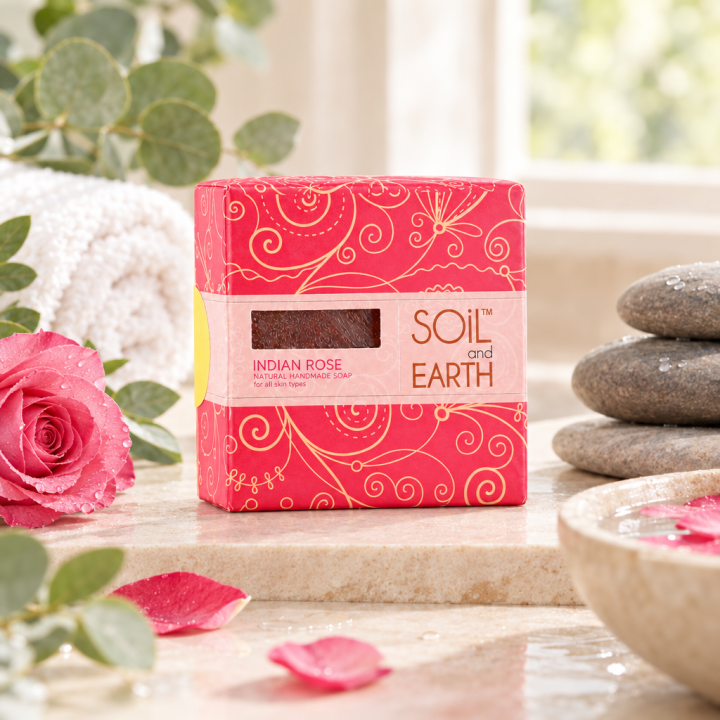 Ręcznie robione w Indiach mydło 100% VEGAN INDYJSKA RÓŻA 125g Soil & Earth Subtelny Kwiatowy Aromat - zdjęcie produktu
