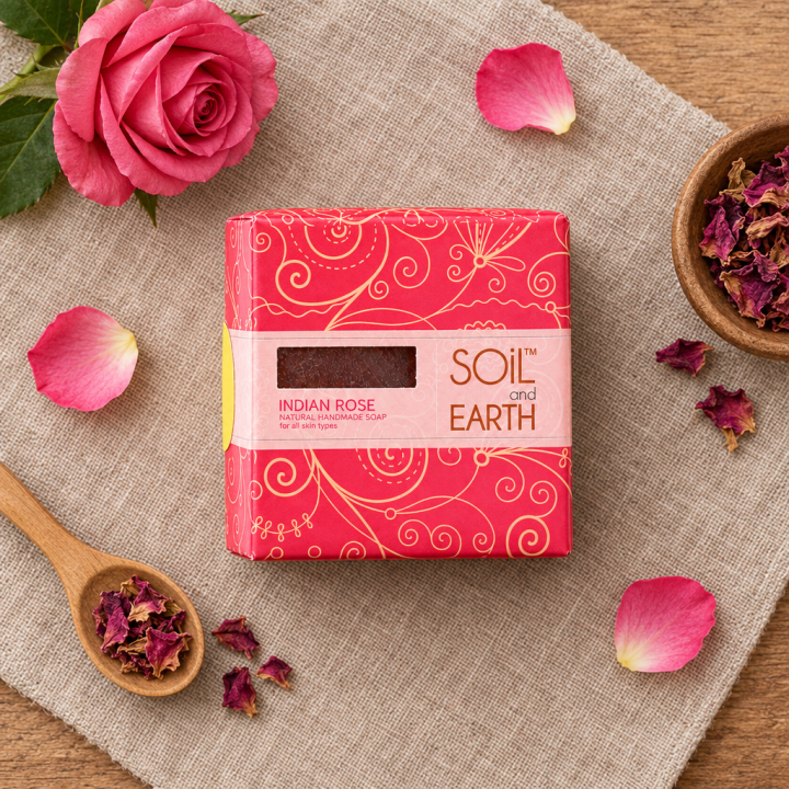 Ręcznie robione w Indiach mydło 100% VEGAN INDYJSKA RÓŻA 125g Soil & Earth Subtelny Kwiatowy Aromat - zdjęcie produktu