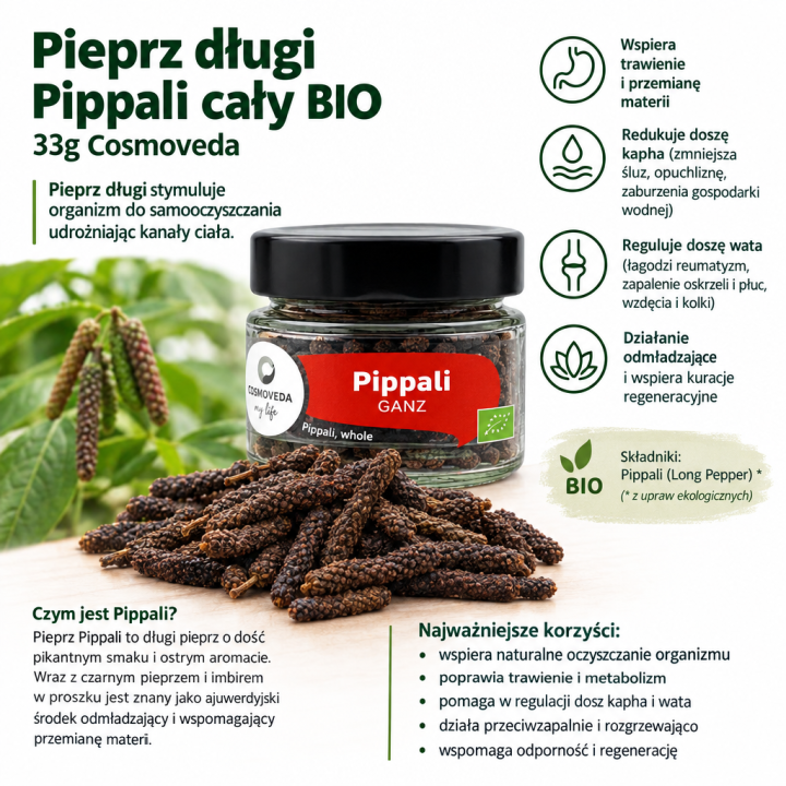 Pieprz długi Pippali cały BIO  33g Cosmoveda - zdjęcie produktu