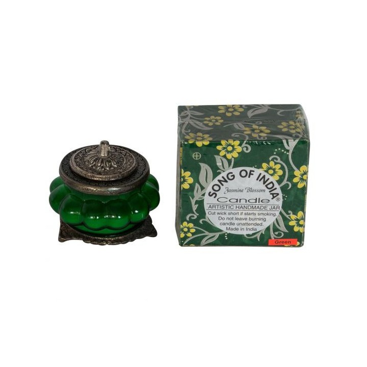 Jasmine Blossom Perfumed Candle in Melon Shaped Green Glass - White Metal Jars XL-JA'