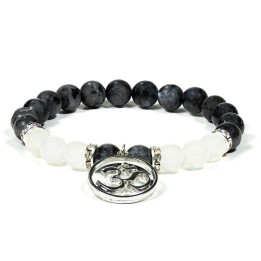 Bransoletka z kamieni szlachetnych - labradoryt i biały agat z symbolem Ohm - szer. 8 mm