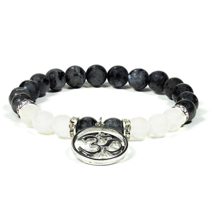 Bransoletka z kamieni szlachetnych - labradoryt i biały agat z symbolem Ohm - szer. 8 mm