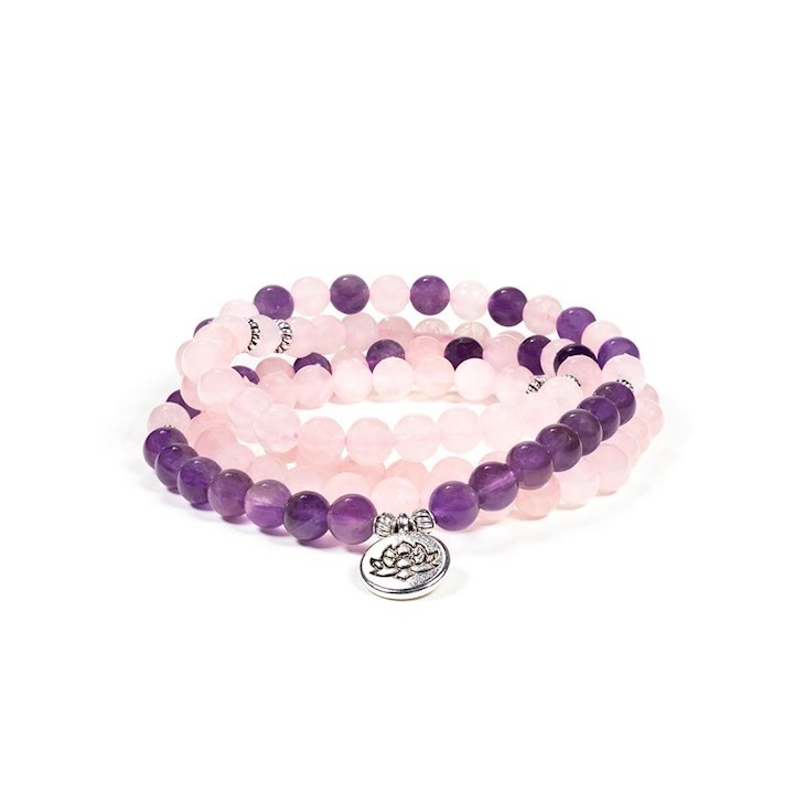 Mala rose quartz/amethyst elastic with lotus 7,50