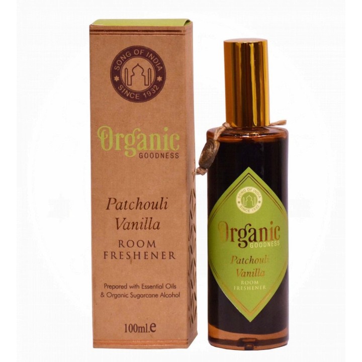 Luksusowy spray zapachowy z olejkiem eterycznym Wanilia & Paczuli 100 ml. Organic Goodness Song of India