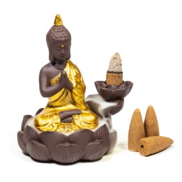 Podstawka do stożków Backflow Buddha i Kwiat Lotosu kolor brązowo złoty 12x10x9cm