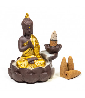Podstawka do stożków Backflow Buddha i Kwiat Lotosu kolor brązowo złoty 12x10x9cm