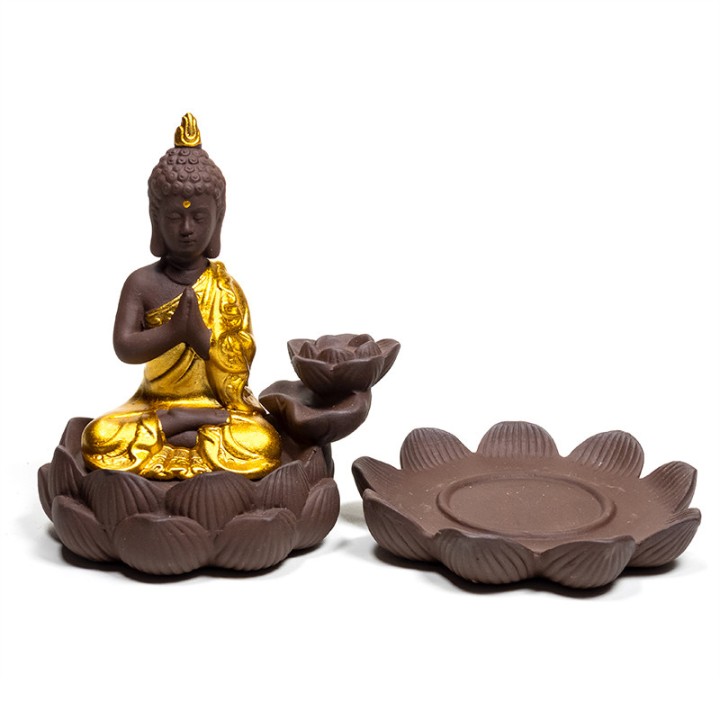 Podstawka do stożków Backflow Buddha i Kwiat Lotosu kolor brązowo złoty 12x10x9cm