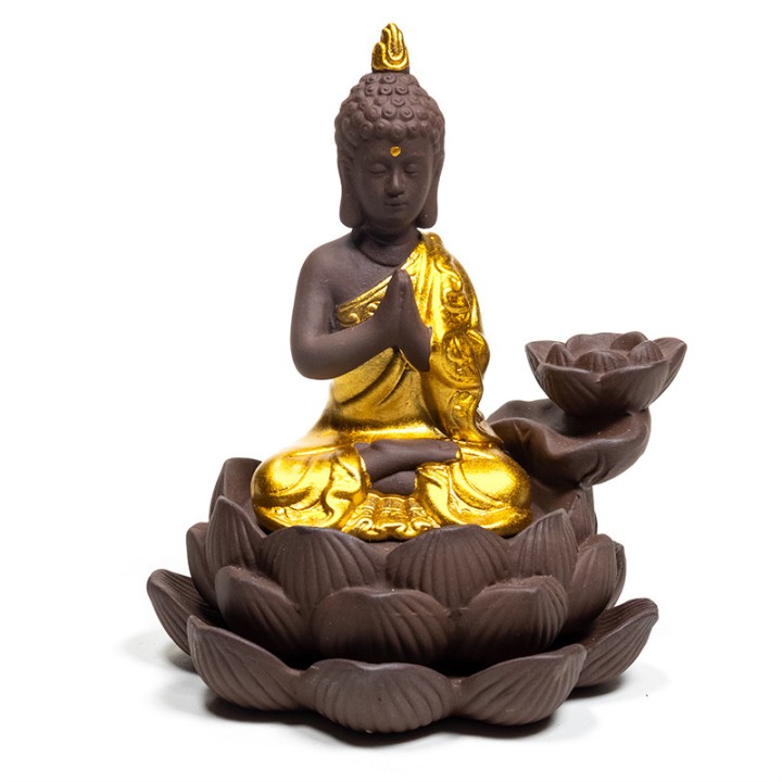 Podstawka do stożków Backflow Buddha i Kwiat Lotosu kolor brązowo złoty 12x10x9cm