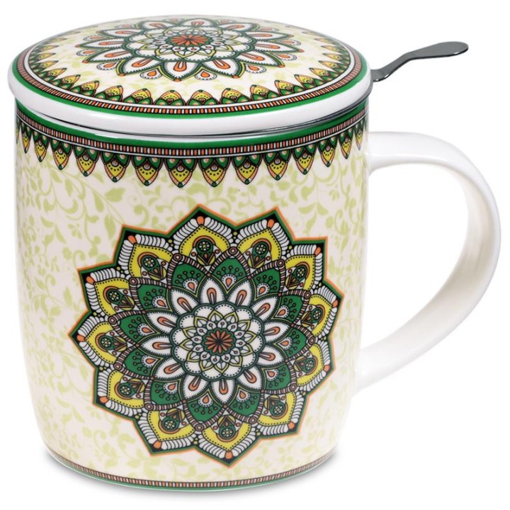 Kubek Oriental "Mandala Green" do herbaty z pokrywką i zaparzaczem ze stali nierdzewnej Gift Box