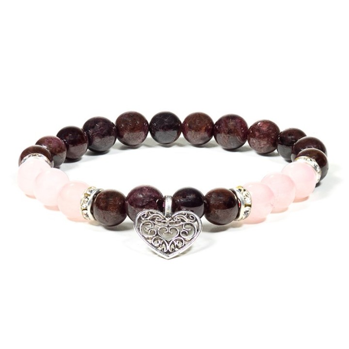 Bransoletka z granatem i różowym kwarcem z zawieszką z sercem szer 8mm