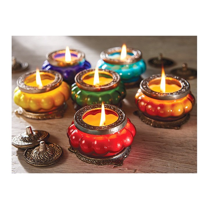 Świeca Ręcznie Robiona w niebieskim szkle z orientalnym motywem - NAG CHAMPA - Song of India