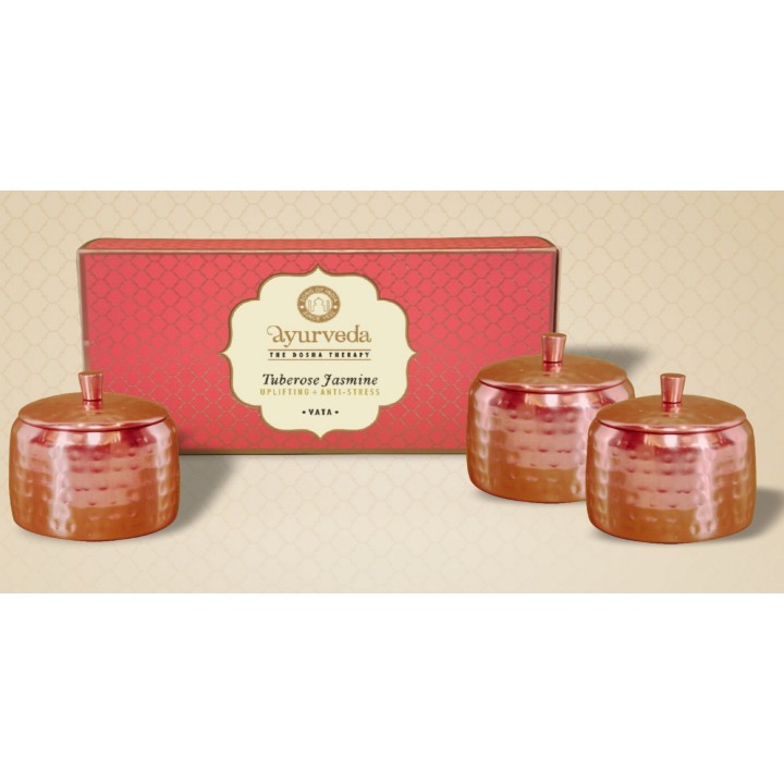3 100 g. Luxurious Veda Scented Candle in Copper PlatedMetal Jar with Lid (Set of 3)Tuberose Jasmine (Vata)
